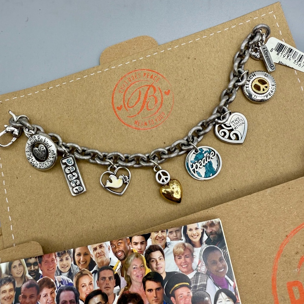 NWT Brighton Silver Charm Bracelet with Peace and Heart Charms Turquoise Gift